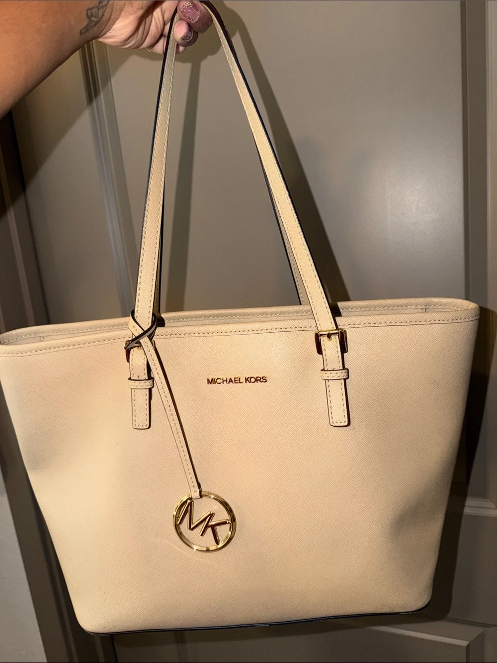 Michael Kors Cream Saffiano Tote with Gold MK Charm